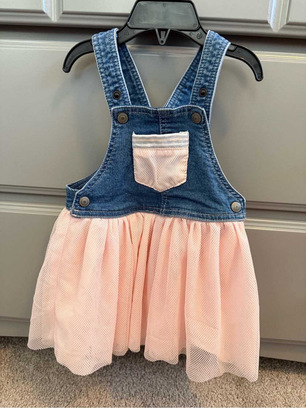 Denim and Pink Jersey Tulle Girls' Overall Dress 18m